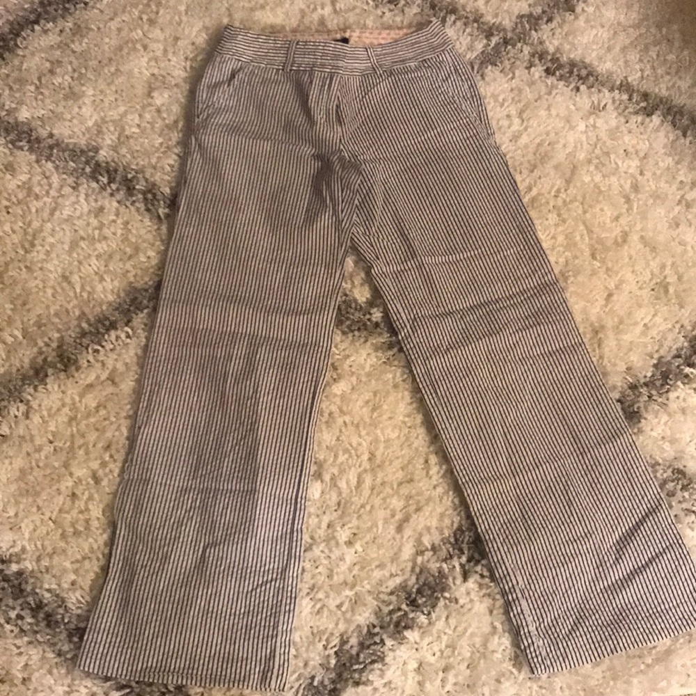 JCrew, blue and white seersucker pants.